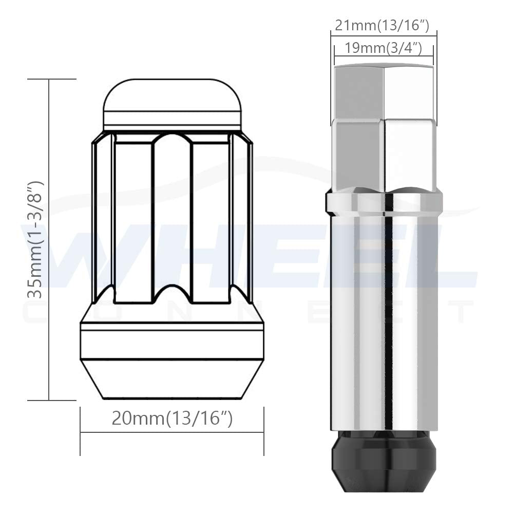 WHEEL CONNECT Spline Lug Nuts, Acorn for Conical Seat. 12X1.5, Thread, Set of 20 with 1 Key and 1 Storage bag, for Aftermarket Custom Tuner Wheel, Black Finish.M 12 x 1.50