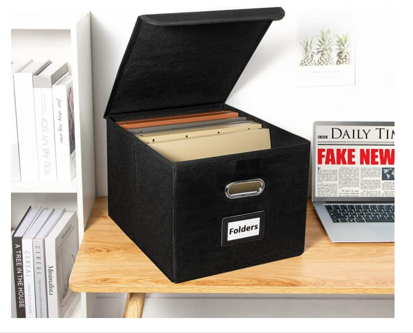 WEIANG Portable File Organizer Box, File Storage Box with Lid, Collapsible Linen Hanging Filing Storage Boxes with Plastic Slide, Durable Hanging File Box for Office/Decor/Home (Black,1pc)