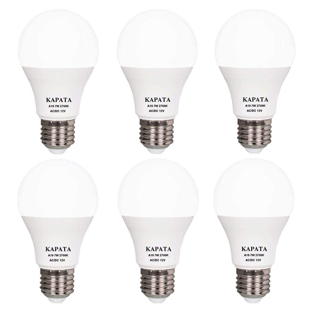 Low Voltage 12V LED Bulb E26 Warm White 2700K 60W Equivalent A19 Edison Light Bulb 7w 630LM , for RV Interior Lighting , Solar Panel Project Off Grid Lighting , 6 Pack