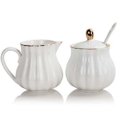 Sweejar Royal Ceramic Sugar and Creamer Set, 3 Piece Set with Cream Pitcher, Sugar Bowl, Sugar Set with Lid & Spoon, Coffee Serving Set Wedding Gift(White)