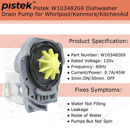 Pistek WPW10348269 W10348269 Dishwasher Drain Pump Replacement for Whirlpool Kenmore Kitchenaid Dishwasher 8558995 W10158351 AP5691922 AP6020066 PS11753379