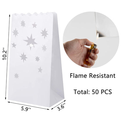 Stmarry White Paper Luminary Bags - 50-Pack Candle Lantern Bags, Fire-Retardant, Star Luminaries for Christmas, Weddings, Birthday Party Decoration, Use with Tealights, Votive, 5.9 x 10 x 3.5 Inches