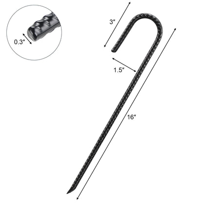 Rebar Stakes 16 Inch, J Hook Ground Stakes, Metal Garden Stakes 10 Pack, Heavy Duty Ground Tent Stakes Ground Anchors for Camping, Garden, Trampoline, Fence