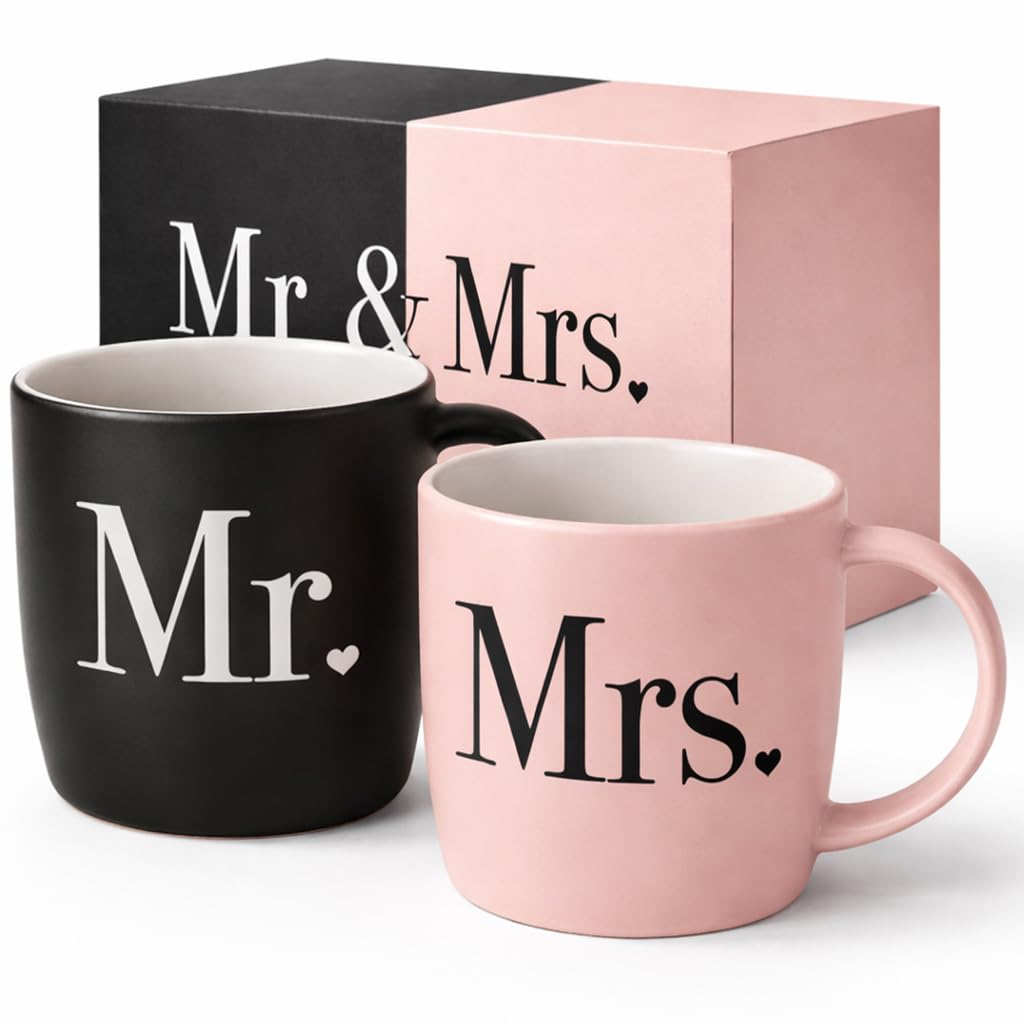 Triple Gifffted Mr and Mrs Coffee Mugs Couples Gifts Ideas for Wedding Anniversary Engagement Valentines Christmas His Hers Present Husband Wife Him Her Men Women, Bride Groom Newlyweds, Ceramic 13Oz