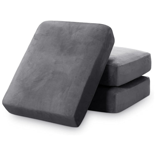 Stretch Velvet Couch Cushion Covers for Individual Cushions Sofa Cushion Covers Seat Cushion Covers, Thicker Bouncy with Elastic Edge Cover up to 10 Inch Thickness Cushions (3 pieces, Grey)