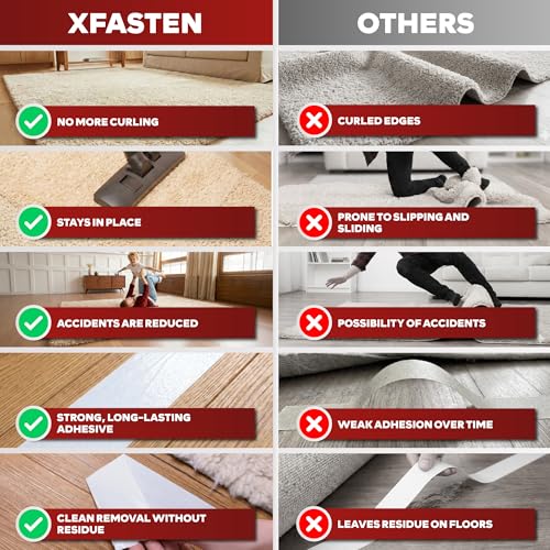 XFasten Double Sided Carpet Tape for Area Rugs 2 Inch x 30 Yards, Residue-Free Carpet Tiles Tape, Removable Heavy-Duty Rug Pad Gripper for Hardwood, Vinyl Flooring Underlayments, Laminate- Wood-Safe