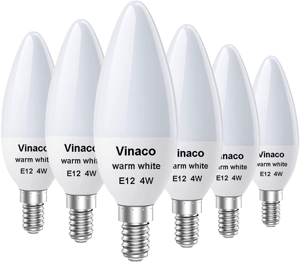 Vinaco E12 LED Bulb, 6 Pack E12 Candelabra Bulb 4 Watt Warm White 3000K, High Brightness 400LM & 25000+ Long Lifespan E12 Bulb, E12 Candelabra Base, E 12 Light Bulb for Ceiling Fan Light Bulb