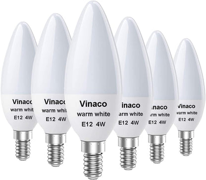 Vinaco E12 LED Bulb, 6 Pack E12 Candelabra Bulb 4 Watt Warm White 3000K, High Brightness 400LM & 25000+ Long Lifespan E12 Bulb, E12 Candelabra Base, E 12 Light Bulb for Ceiling Fan Light Bulb