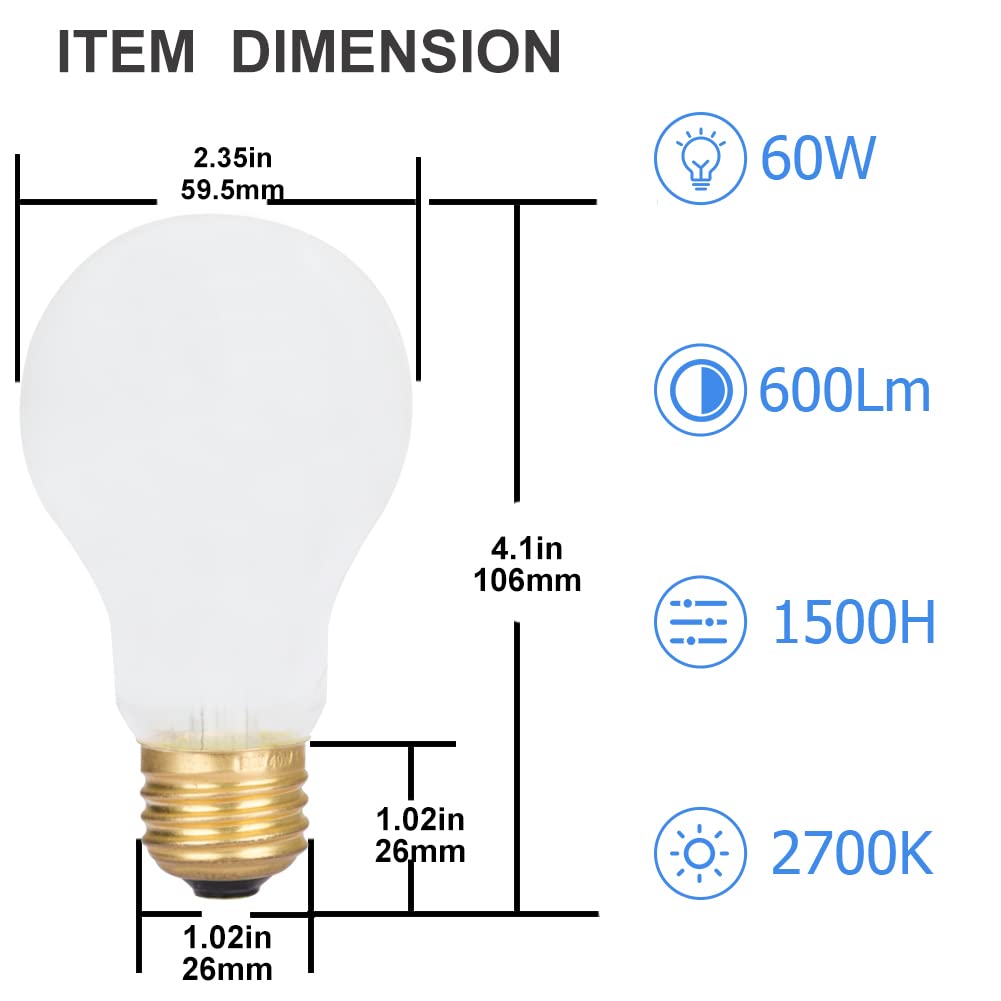 12 Pack 60 Watt A19 E26 Medium Base 130 Volt Incandescent Light Bulbs, Standard Household Bulbs for Ceiling Fan, Bedroom, Living Room