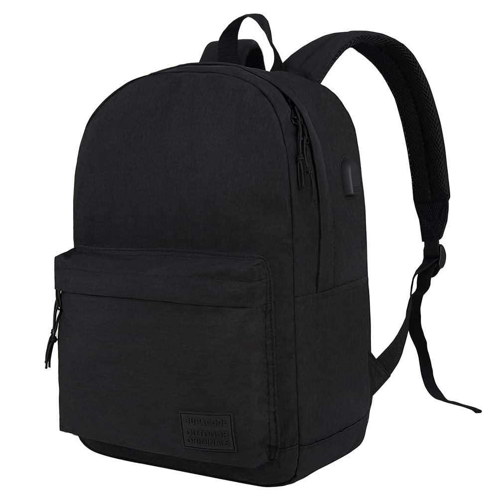 SUPACOOL Casual Laptop Backpack with USB Charging Port for Men and Women, School Bookbag for College, Lightweight Pack Back(Dark Black)