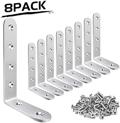 Corner Braces 3 x 5 inch, Right Angle Bracket 304 Stainless Steel with Screws, L Shaped Brackets for Shelves Furniture, 8 Pcs
