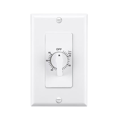 BN-LINK Heavy Duty 60-Minute in-Wall Spring Wound Countdown Timer Switch for Lights, Mechanical Switch Timer for Bathroom Exhaust Fan, No Neutral Wire Required, 2 Wall Plate(White and Silver Metallic)