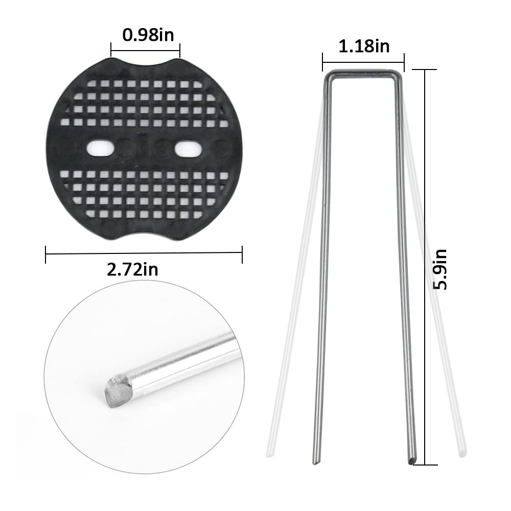 100PCS Galvanized Steel Garden Stakes with 100PCS Gasket, Heavy Duty Landscape Pegs of Anti Rust U Shaped for Securing Artificial Grass Weed Ground Cover, Fabric Matting