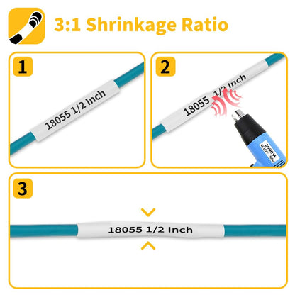 Rhino 18055 Heat Shrink Labels12mm, Replacement for Dymo Rhino Label Maker Heat Shrink Tubes Work with Industrial Label Maker 4200 5200 5000 6000 3000, Black on White, 1/2" x 5', 3-Pack