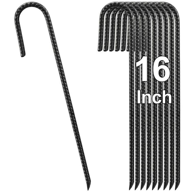 Rebar Stakes 16 Inch, J Hook Ground Stakes, Metal Garden Stakes 10 Pack, Heavy Duty Ground Tent Stakes Ground Anchors for Camping, Garden, Trampoline, Fence