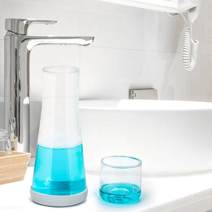 Quyimy Bedside Water Carafe with Glass,Water Carafe Set with Lid Tumbler Glass for Nightstand Bedroom Bath,Night Clear Carafe with Cup & Grey Silicone Coaster Set for Mouthwash,Water,30 oz/850ml