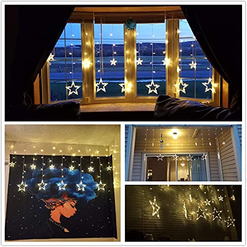 12 Stars 138 LED Curtain Lights, Christmas Outdoor Decor Window Curtain String Lights with 8 Flashing Modes Ramadan Decoration for Christmas, Wedding, Party, Home Bedroom Decorations (Warm White)
