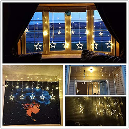 12 Stars 138 LED Curtain Lights, Christmas Outdoor Decor Window Curtain String Lights with 8 Flashing Modes Ramadan Decoration for Christmas, Wedding, Party, Home Bedroom Decorations (Warm White)