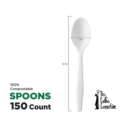 150 Pcs Heavy Duty Compostable Spoons, Eco-Friendly Disposable, BPA Free & No Plastic, Tableware for Parties, Catering, Picnics, Camping & Every Day Use (150 Spoons)