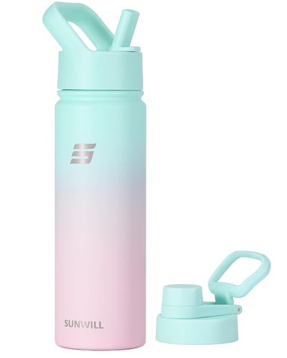 SUNWILL Metal Water Bottle with Straw 22 oz, Stainless Steel Insulated Flask for Cold and Hot Drink, Travel, Sports, Gym, Powder Coated Gradiant Mint and Sakura