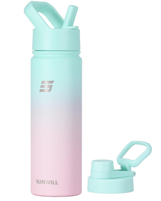 SUNWILL Metal Water Bottle with Straw 22 oz, Stainless Steel Insulated Flask for Cold and Hot Drink, Travel, Sports, Gym, Powder Coated Gradiant Mint and Sakura