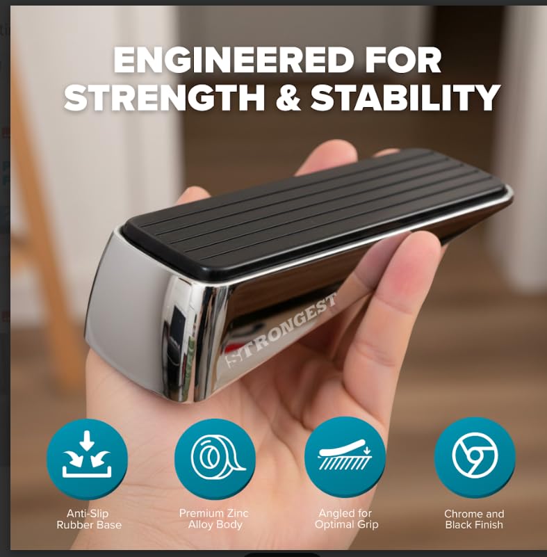 Strongest Home Heavy Duty Door Stopper Wedge (2 Chrome PCs) | Non-Slip Rubber and Metal Door Stop for Heavy Doors| Work on Wood, Tile, Carpet + 2 White Wall Protectors