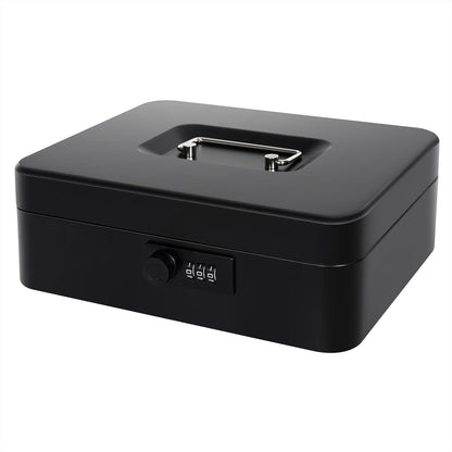 Cash Box with Money Tray and Combination Lock, Metal Money Box for Cash Petty Cash Lock Box for Money Safe 9.84" x 7.87" x 3.54" Black