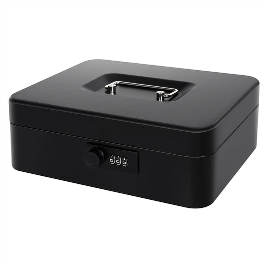 Cash Box with Money Tray and Combination Lock, Metal Money Box for Cash Petty Cash Lock Box for Money Safe 9.84" x 7.87" x 3.54" Black