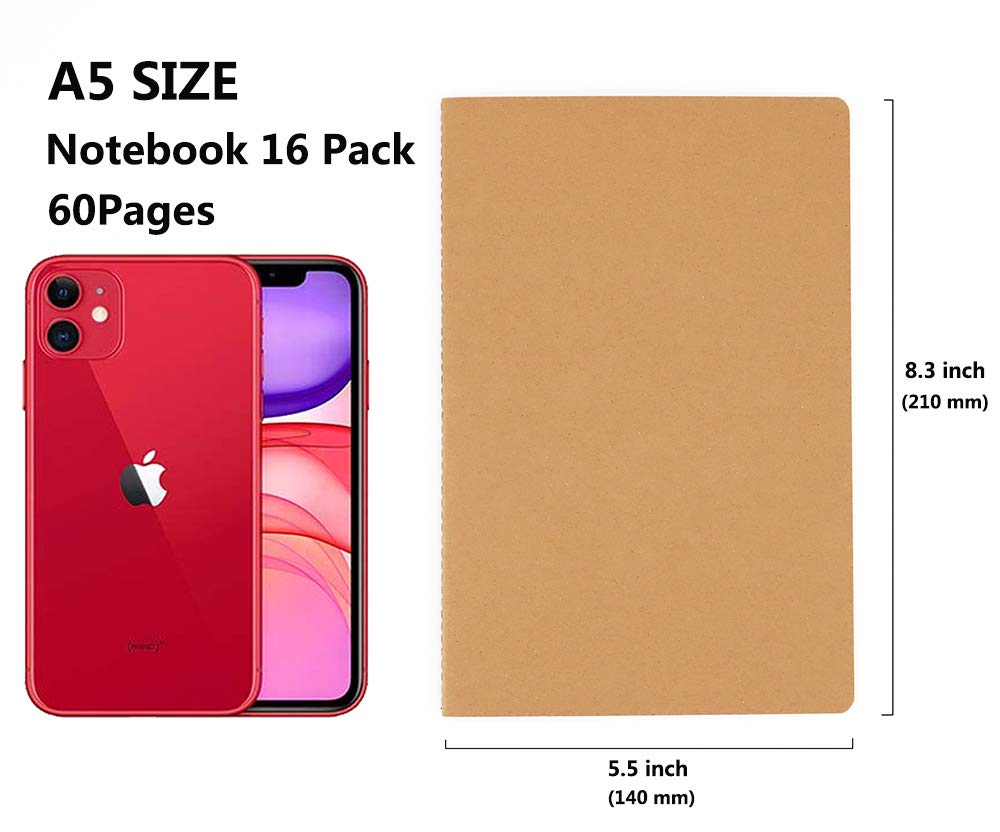 16 Pack Notebook Journals for Travelers, Students and Office, Writing Diary Subject Notebooks Planner with Thick Paper, 60 Pages, 30 Sheets, 8.3x5.5 inch, A5 Size, Travel Journal Set (Blank)