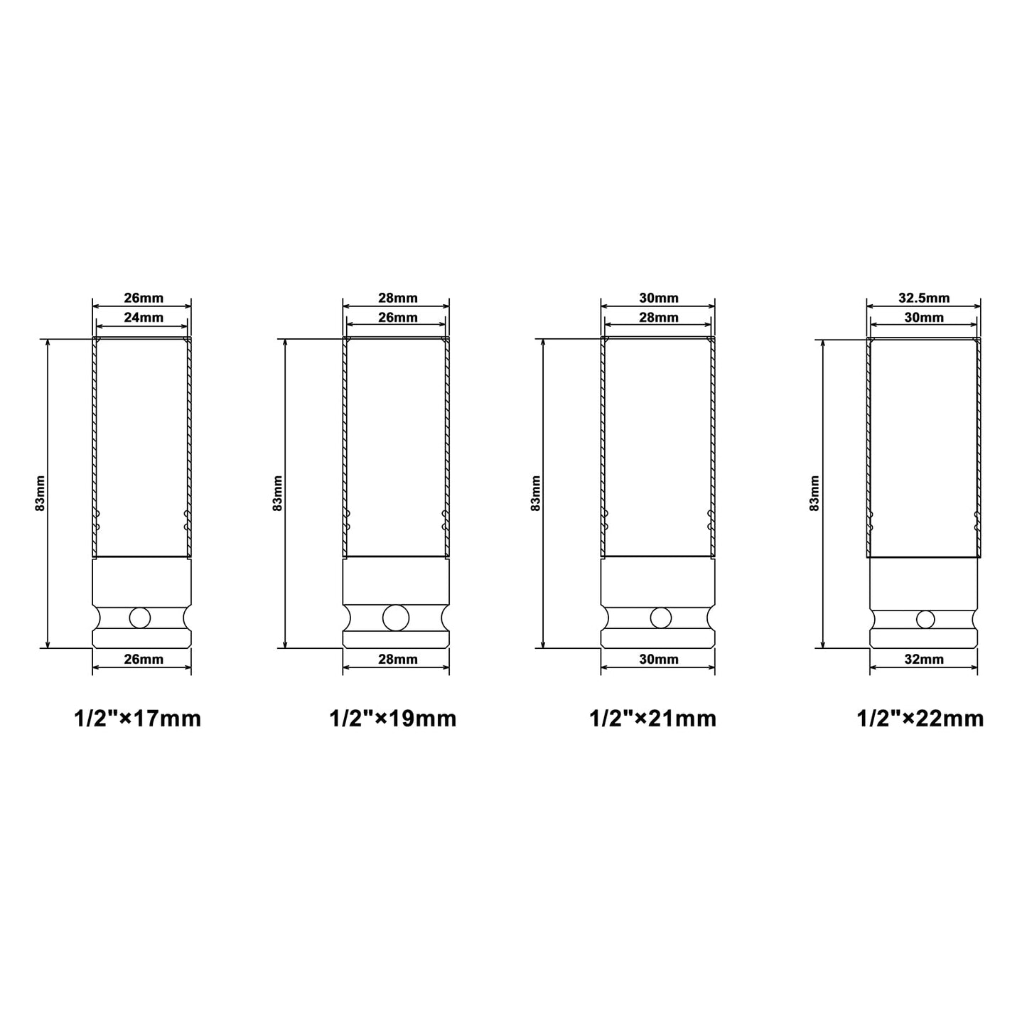 CASOMAN 1/2- Inch Drive Wheel Protector Impact Socket, 1/2" Thin Wall Deep Impact Socket Set Plastic Sleeve Lug Nut, 4 Pieces Set, 6 Point,Metric, CR-MO, 17mm,19mm,21mm,22mm