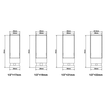 CASOMAN 1/2- Inch Drive Wheel Protector Impact Socket, 1/2" Thin Wall Deep Impact Socket Set Plastic Sleeve Lug Nut, 4 Pieces Set, 6 Point,Metric, CR-MO, 17mm,19mm,21mm,22mm