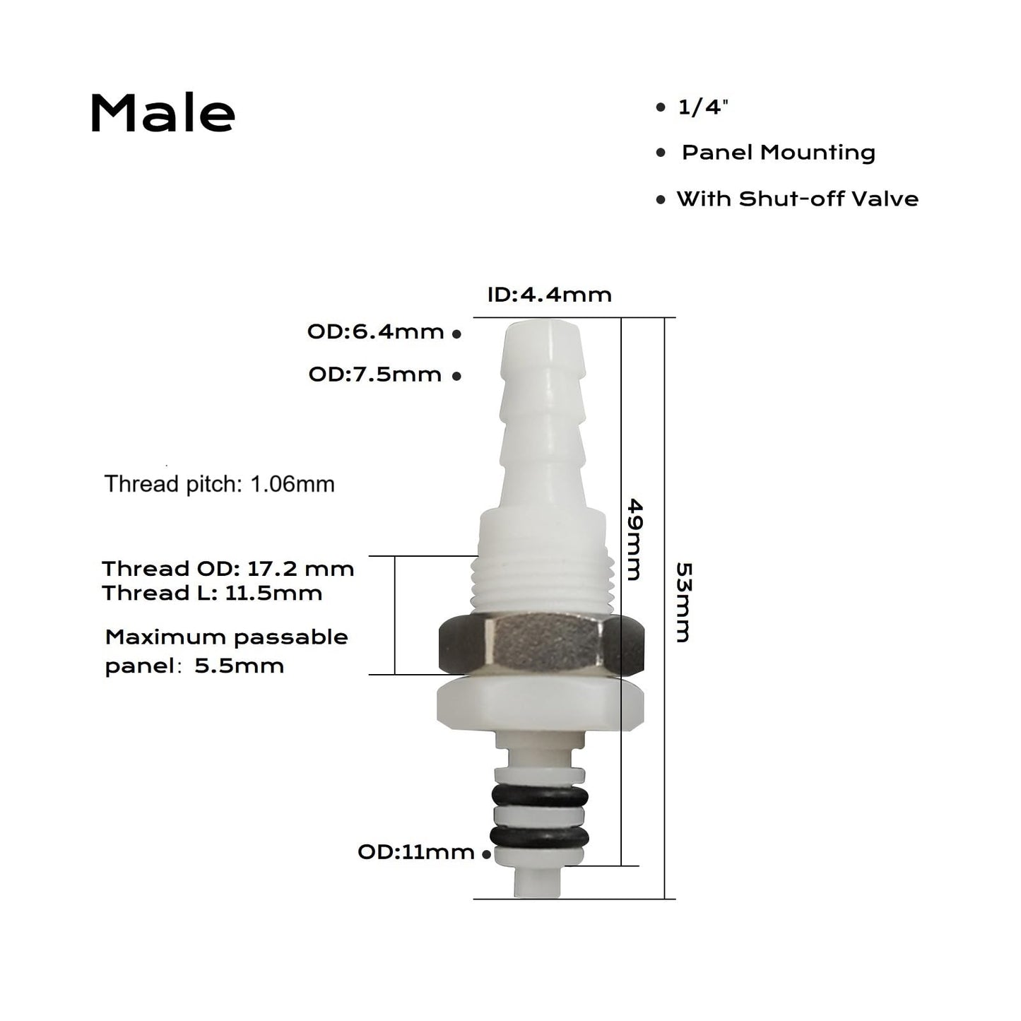 BBTUS 2PCS 1/4" 3/8" 5/16" Plastic Tube in-line Hose Quick Connector with Shut-Off valve, Panel Mounting Quick Release Coupling, Male Quick Connect Barbed Fittings (2x Male Connector)