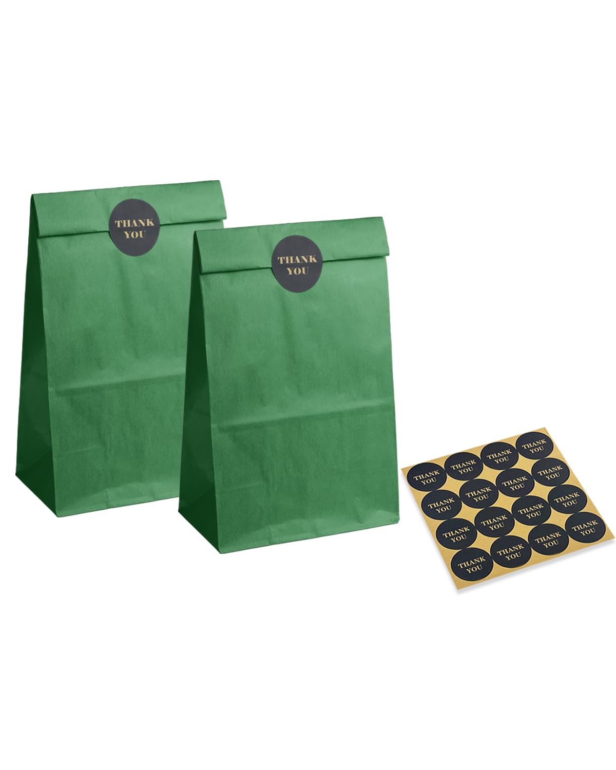qiqee 100 Pcs Deep Green Treat Paper Bags with 100 Stickers 5.1"x3.1"x9.4" Brown Kraft Small Party Gift Bag without Handle