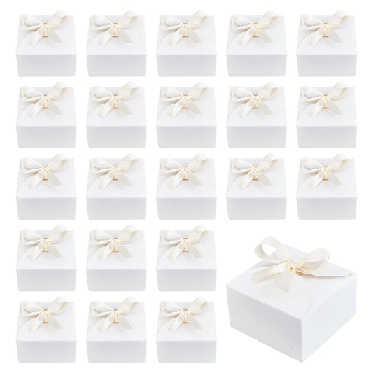 PH PandaHall 30pcs Gift Boxes White Paper Box Small Party Favor Box Gift Packaging Boxes with Ribbon for Valentine's Day Christmas Wedding Gifts, 3.5x3.5x2inch