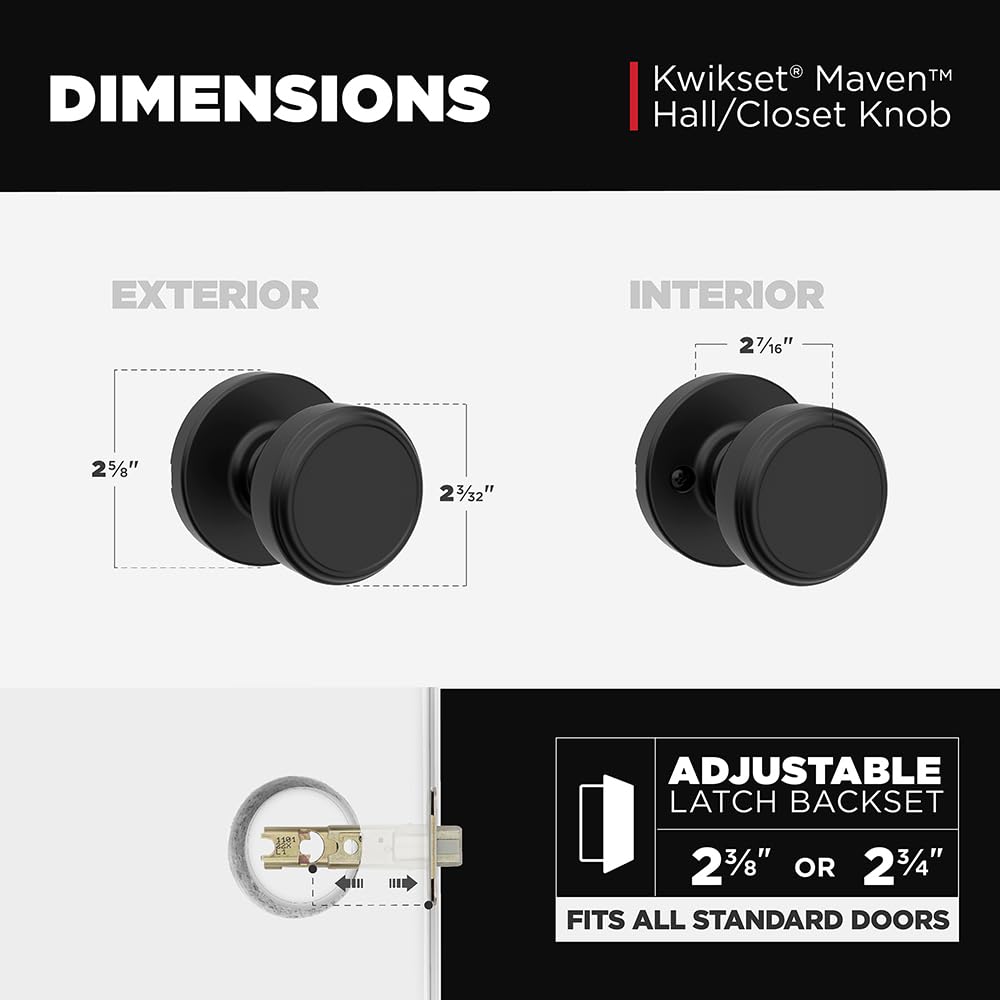 Kwikset Maven Interior Passage Door Knob, Handle for Closet and Hallway Doors, Round Non-Locking Doorknob in Matte Black, with Microban Protection
