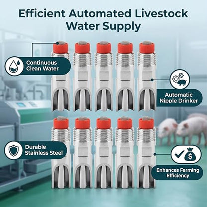 10 Pcs Stainless Steel Nipple Waterer, Automatic Poultry Waterers for Cattle Horses Pigs Sows Dogs Prevent Leakage Poultry Watering Drinker Nipple