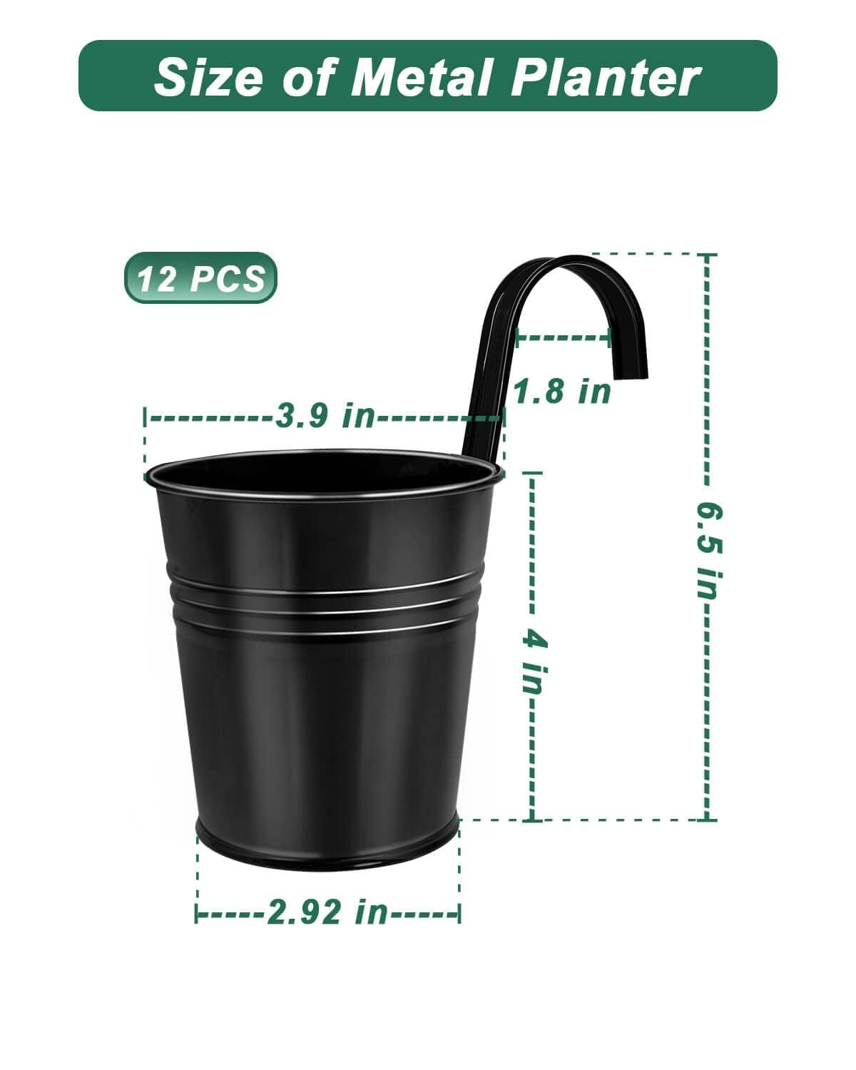10 CM Small Metal Hanging Flower Pot Indoor - 12 Pcs Round Metal Iron Buckets with Detachable Hooks and Drainage Holes Hanging Herb Planter for Railing Fence Outdoor Balcony Garden Patio Decor, Black