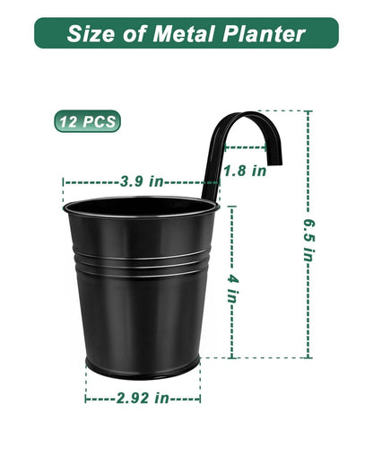 10 CM Small Metal Hanging Flower Pot Indoor - 12 Pcs Round Metal Iron Buckets with Detachable Hooks and Drainage Holes Hanging Herb Planter for Railing Fence Outdoor Balcony Garden Patio Decor, Black