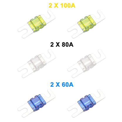 Recoil MFH12 2 Way Mini-ANL Fused Distribution Block, 1 X 0/2/4 Gauge in / 2 X 4/8 Gauge Out Fused Distribution Block with 60A, 80A, 100A Fuses, Solid Brass for Maximum Power Transfer