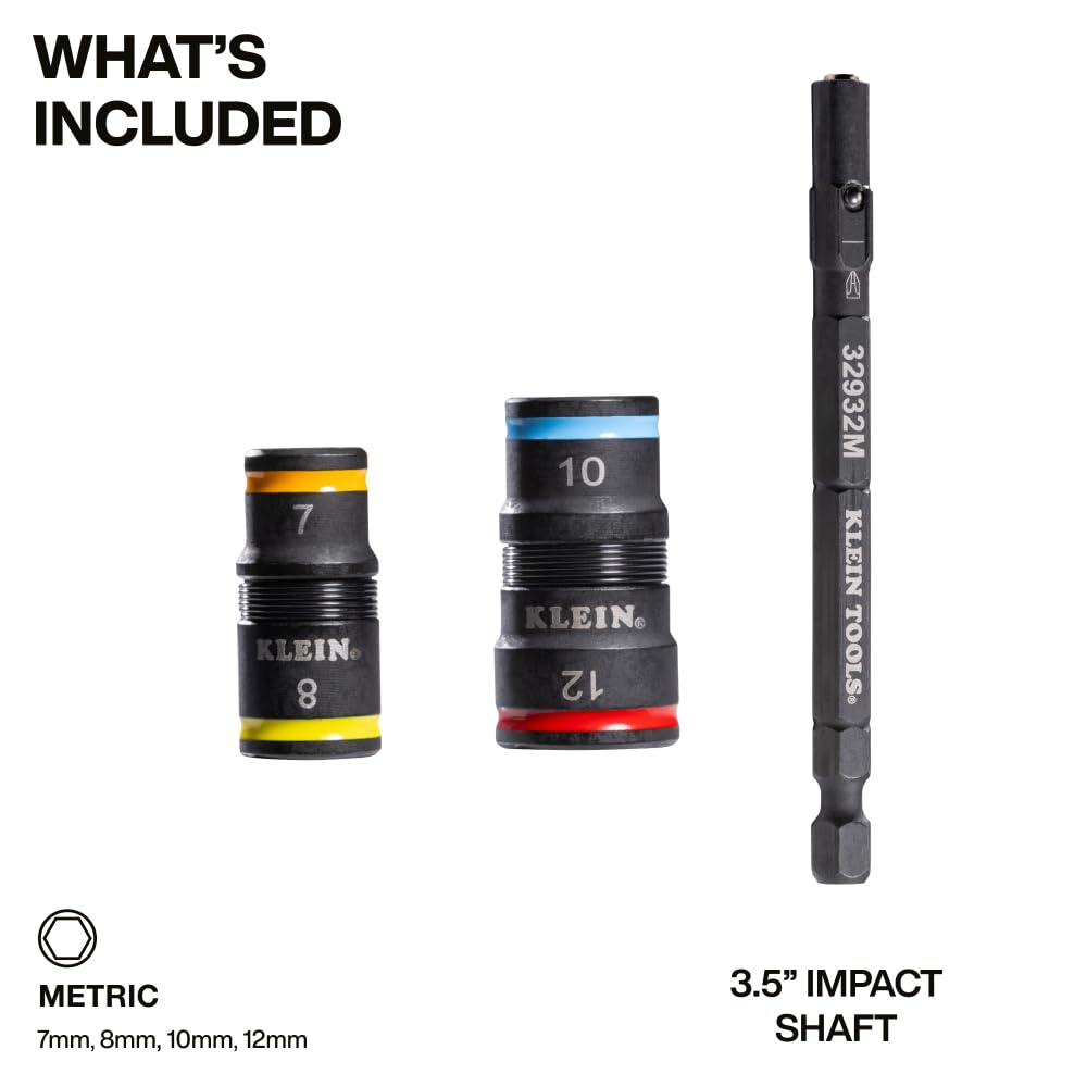 Klein Tools 32932M 4-in-1 Metric Impact Socket Set, 2 Flip Sockets with 4 Metric Hex Sizes, 7 mm, 8 mm, 10 mm, 12 mm, Impact Rated 3-1/2-Inch Shaft