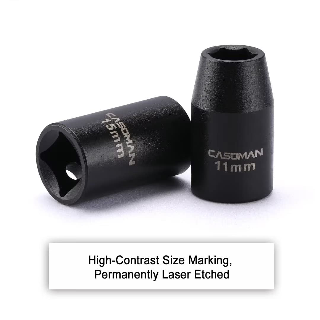 CASOMAN 14 Pieces 1/2-Inch Drive Standard Impact Socket Set, Metric, 6-Point, 11mm to 32mm