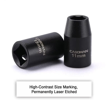 CASOMAN 14 Pieces 1/2-Inch Drive Standard Impact Socket Set, Metric, 6-Point, 11mm to 32mm