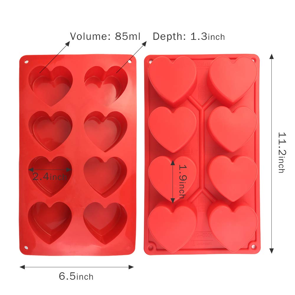 COKWO Silicone Heart Molds for Baking 2 Pack - 8 Cavity Heart Shaped Cake Pans, Pastry Mold for Jelly Pudding,Handmade Soap,Chocolate,Muffin