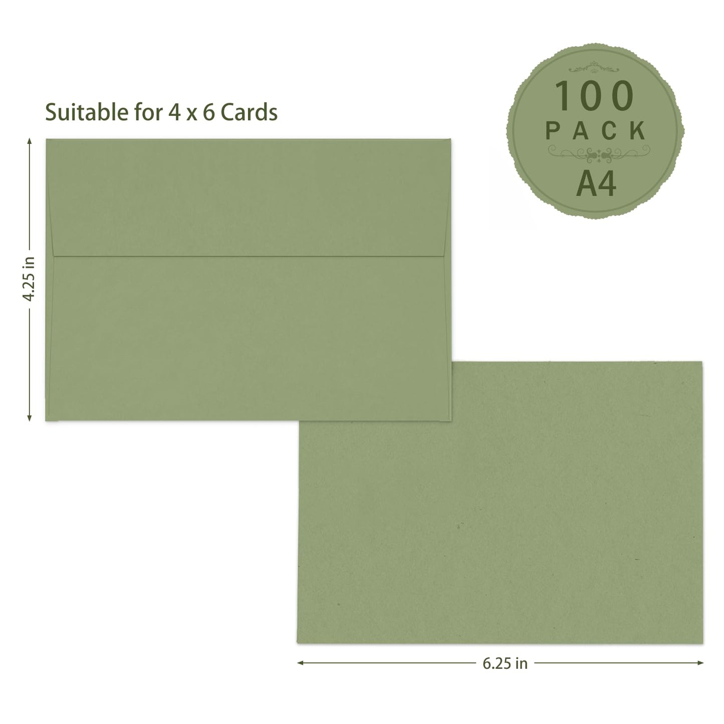 100 Pack A4 Sage Green Envelopes 4x6, Goefun 4.25 x 6.25 Printable Greeting Card Envelopes Self Seal for 4x6 Cards, Photos, Invitations, Weddings, Graduation, Baby Shower, 120 GSM