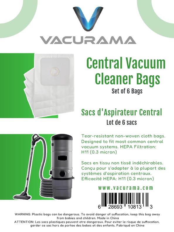 Vacurama Premium Central Vacuum Bags - Compatible for NuTone 391, Beam, Cana-Vac, Electrolux, Kenmore 50601, Allerex, Titan, Broan, Eureka, Hoover, Nilfisk and Other. Multi-Layered HEPA Cloth - 6-Pack