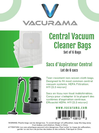 Vacurama Premium Central Vacuum Bags - Compatible for NuTone 391, Beam, Cana-Vac, Electrolux, Kenmore 50601, Allerex, Titan, Broan, Eureka, Hoover, Nilfisk and Other. Multi-Layered HEPA Cloth - 6-Pack