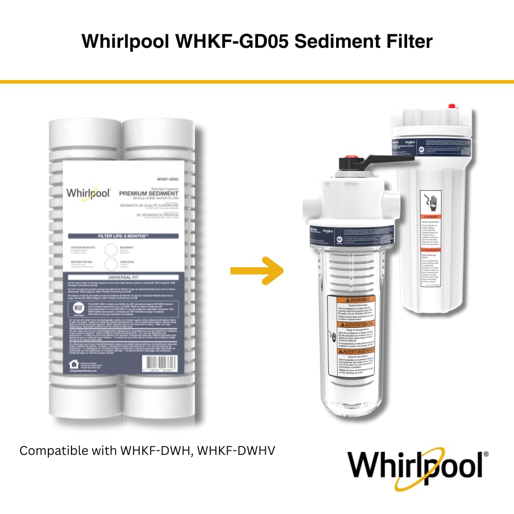Whirlpool 10" x 2.5" Whole Home Standard Capacity Sediment Filters WHKF-GD05, 5 Micron, 6-Month Filter Life, Reduces Sediment, Sand, Soil, Silt & Rust, for Standard Filter housings, 2-Pack