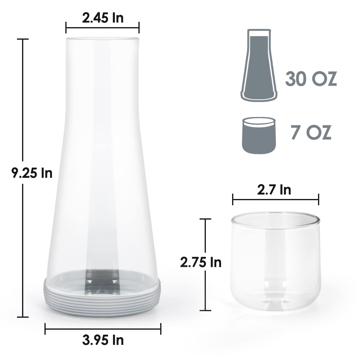 Quyimy Bedside Water Carafe with Glass,Water Carafe Set with Lid Tumbler Glass for Nightstand Bedroom Bath,Night Clear Carafe with Cup & Grey Silicone Coaster Set for Mouthwash,Water,30 oz/850ml