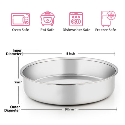 8 Inch Cake Pan Set of 3, E-far Stainless Steel Round Layer Cake Baking Pans, Non-Toxic & Healthy, Mirror Finish & Dishwasher Safe