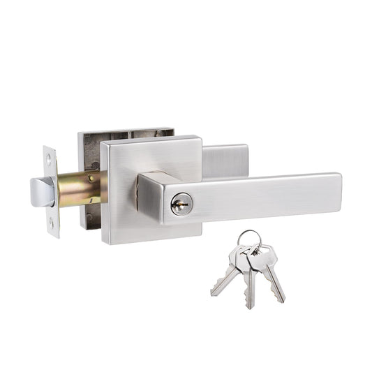 Comfhouse Modern Square Heavy Duty Entry Door Lever, Keyed Entry Door Handle,Zinc Alloy Door Handle, Exterior & Interior Entry Lock with Same Keys, Satin Nickel Finish, 1 Pack
